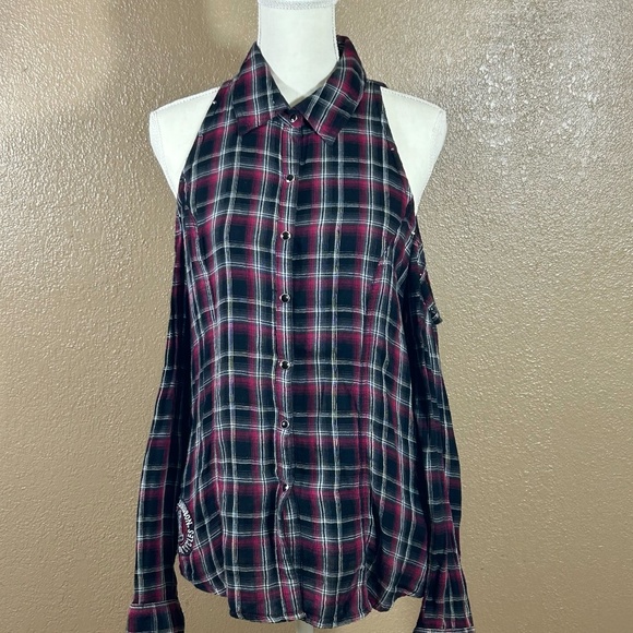 Harley-Davidson Tops - GUC Harley- Davidson Studded Cold Shoulder Plaid Shirt | SZ. LRG